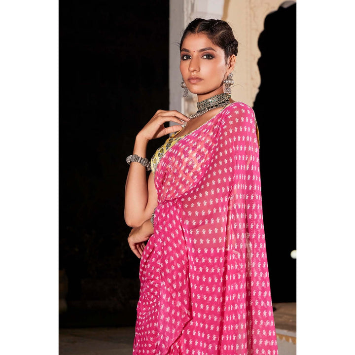 MONK & MEI Issh Pink-Sharara Fusion Saree With Stitched Blouse