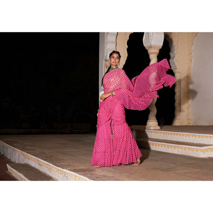 MONK & MEI Issh Pink-Sharara Fusion Saree With Stitched Blouse