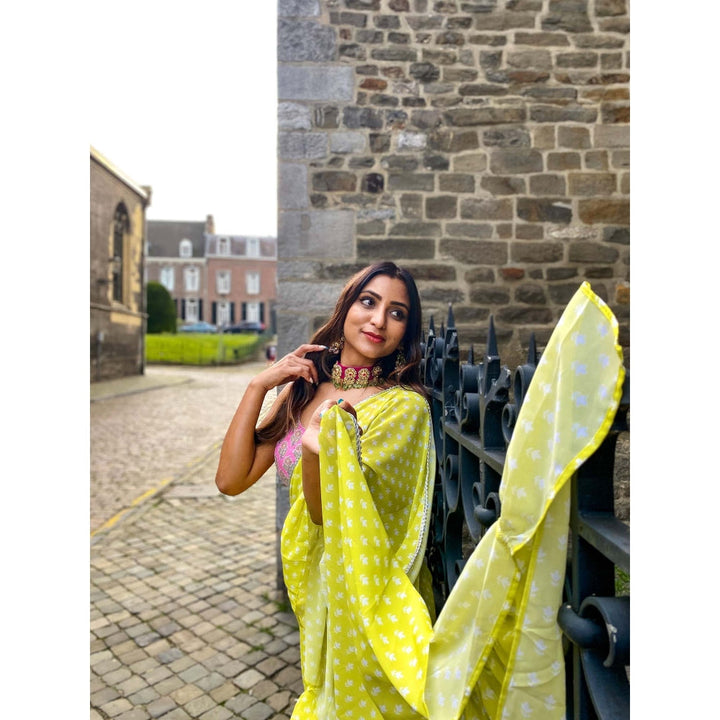 MONK & MEI Issh Green-Sharara Fusion Saree With Stitched Blouse