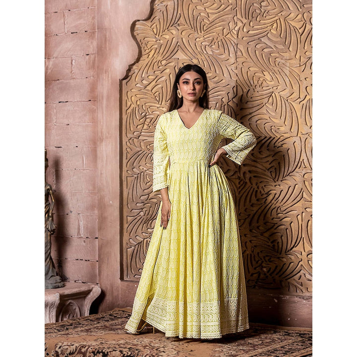 MONK & MEI Falak Yellow Embroidered Dress