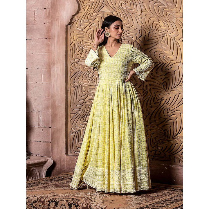 MONK & MEI Falak Yellow Embroidered Dress