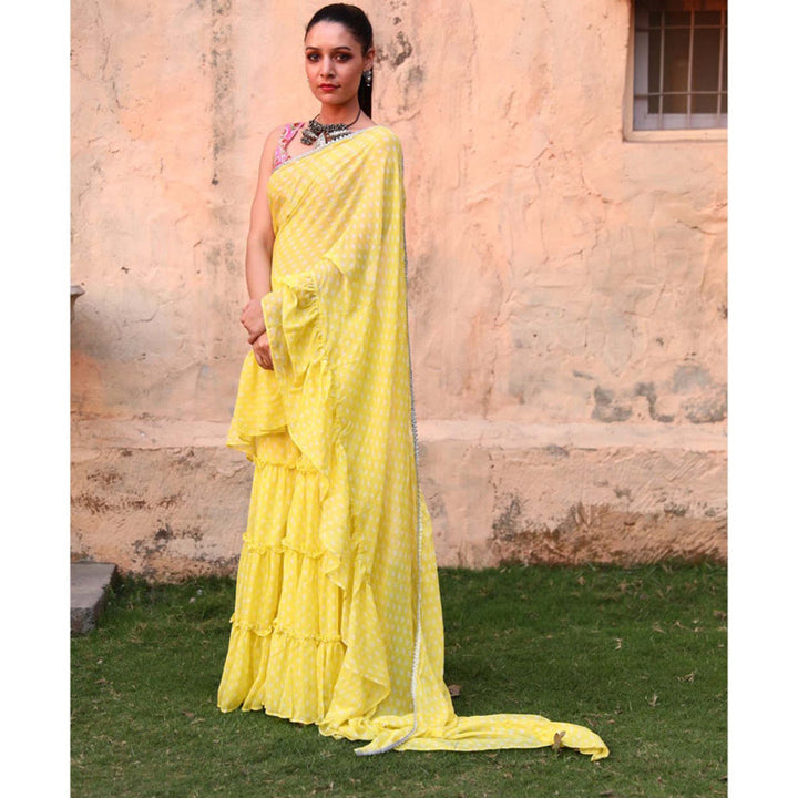 MONK & MEI Issh Yellow-Sharara Fusion Saree With Stitched Blouse