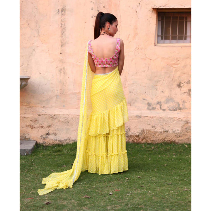 MONK & MEI Issh Yellow-Sharara Fusion Saree With Stitched Blouse