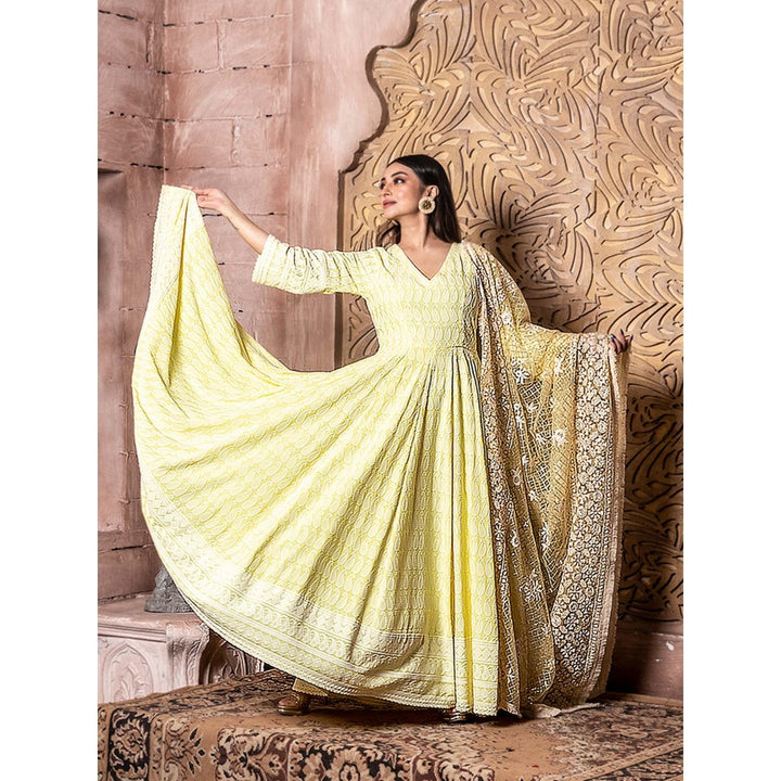 MONK & MEI Falak- Yellow Long Anarkali Embroidered Dress and Yellow Zari Dupatta (Set of 2)
