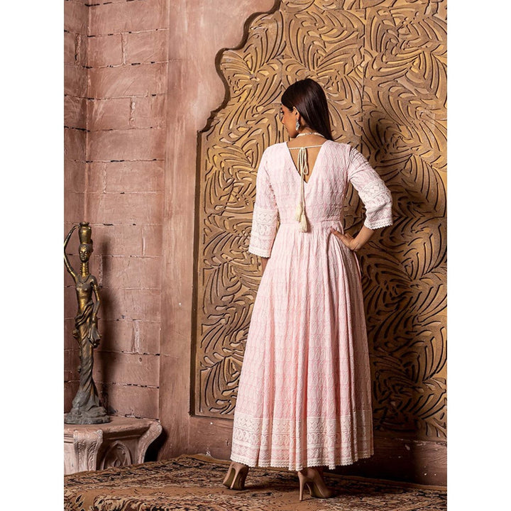 MONK & MEI Falak- Pink Long Anarkali Embroidered Dress and Pink Zari Dupatta (Set of 2)