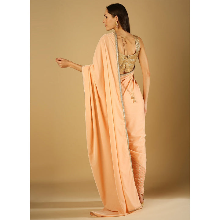 Monk & Mei Sultana-Saree With Stitched Blouse-Peach Pink