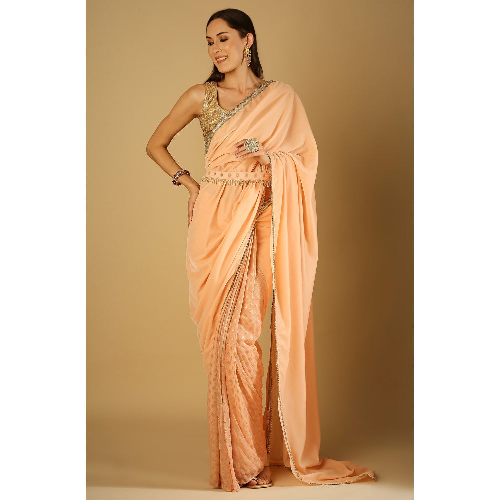 Monk & Mei Sultana-Saree With Stitched Blouse And Belt- Peach Pink