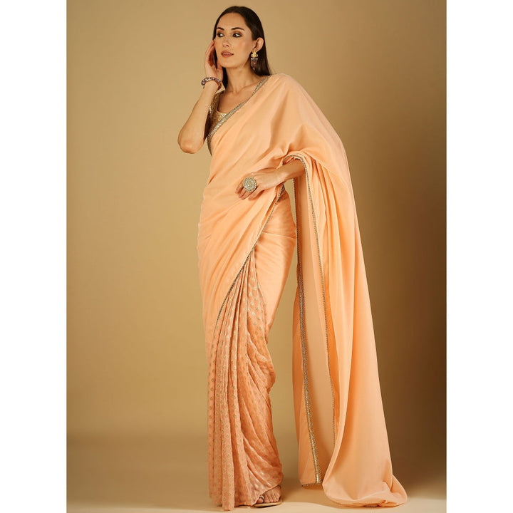 Monk & Mei Sultana-Saree With Stitched Blouse And Belt- Peach Pink