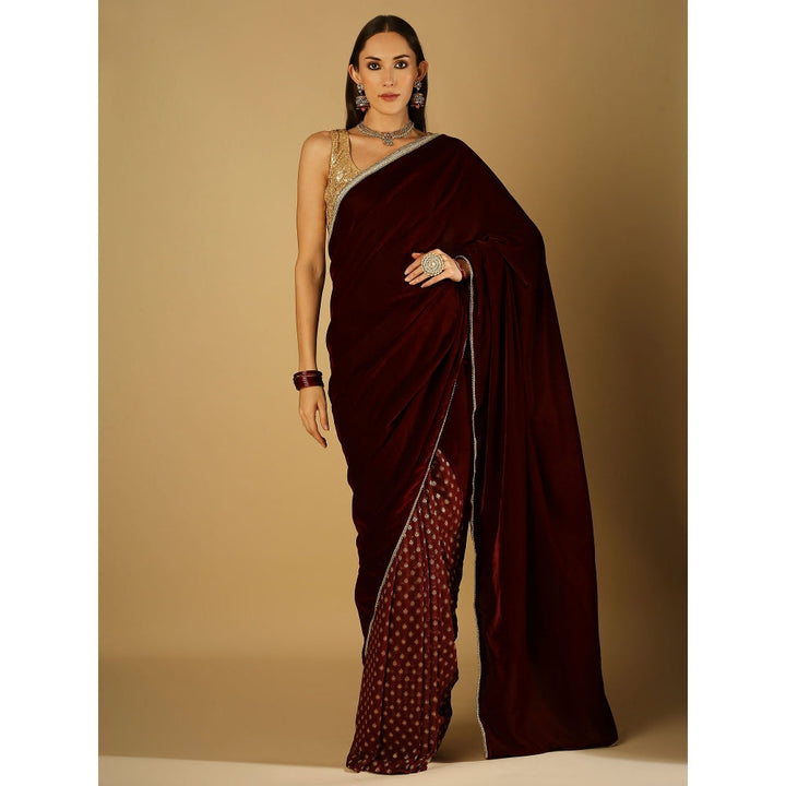 Monk & Mei Sultana-Saree With Stitched Blouse- Maroon