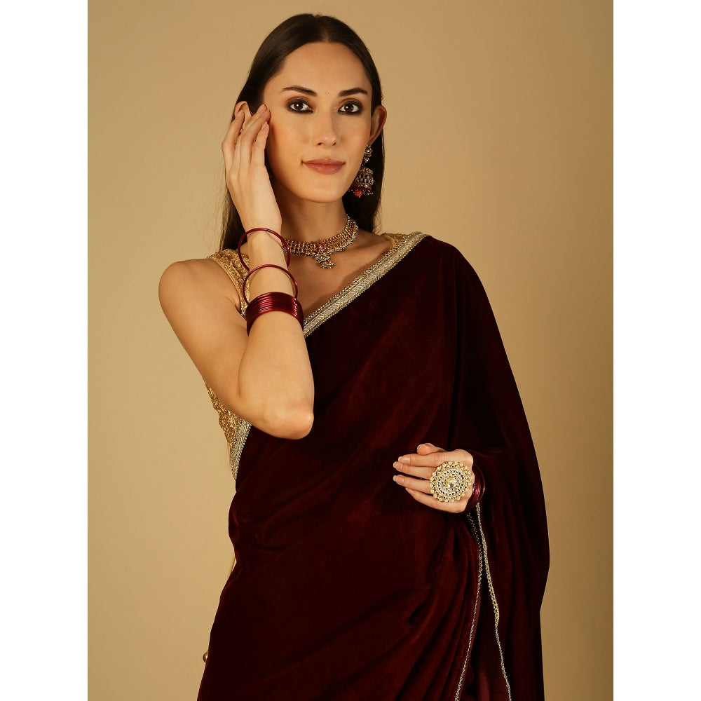 Monk & Mei Sultana-Saree With Stitched Blouse- Maroon