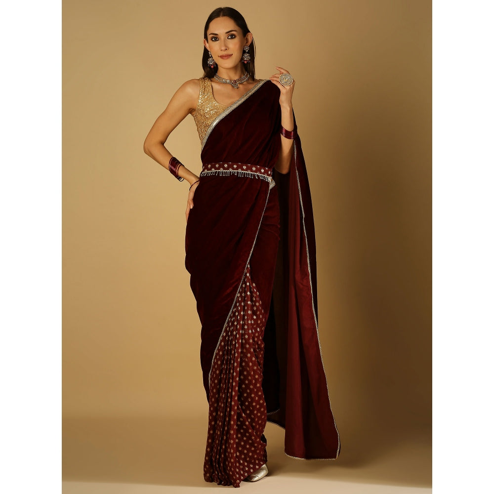 Monk & Mei Sultana-Saree With Stitched Blouse And Belt- Maroon