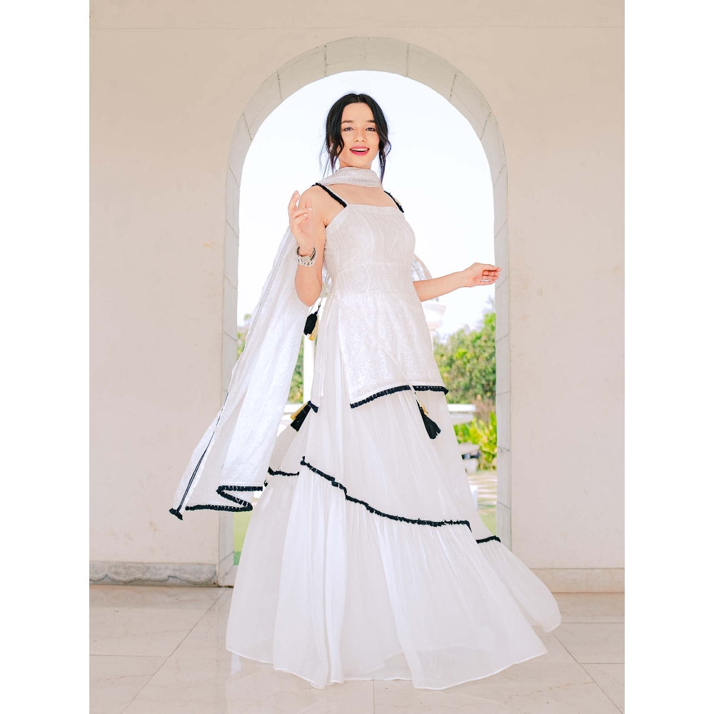 MONK & MEI Sharmila Chikankari Kurta Lehenga Skirt & Dupatta- White (Set of 3)