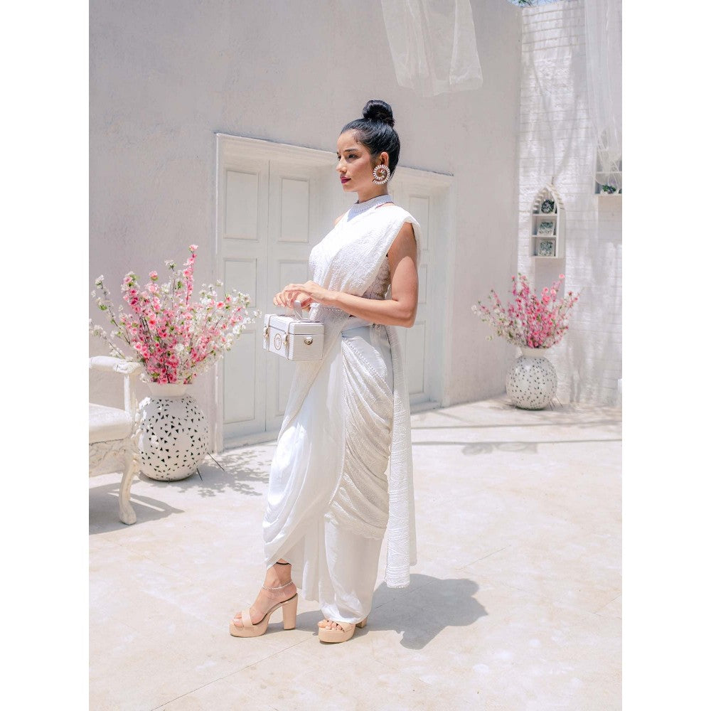 MONK & MEI Karishma Chikankari Dhoti Saree with Stitched Blouse & Belt- White (Set of 3)