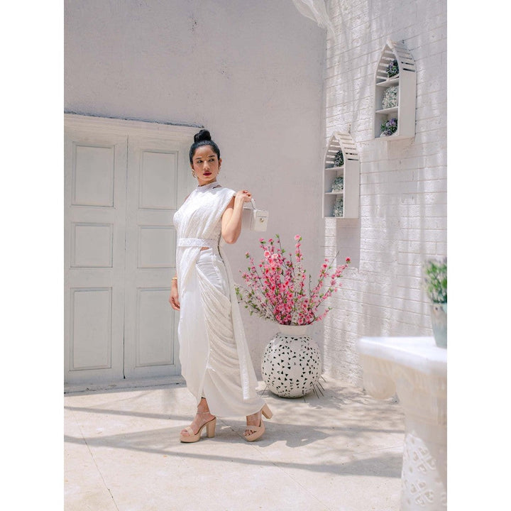 MONK & MEI Karishma Chikankari Dhoti Saree with Stitched Blouse- White (Set of 2)