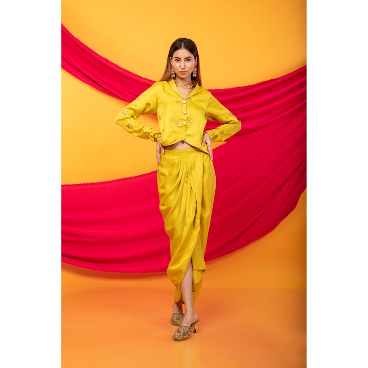 MONK & MEI Gulabo Canary Yellow Dhoti And Jacket Co-Ord (Set of 2)