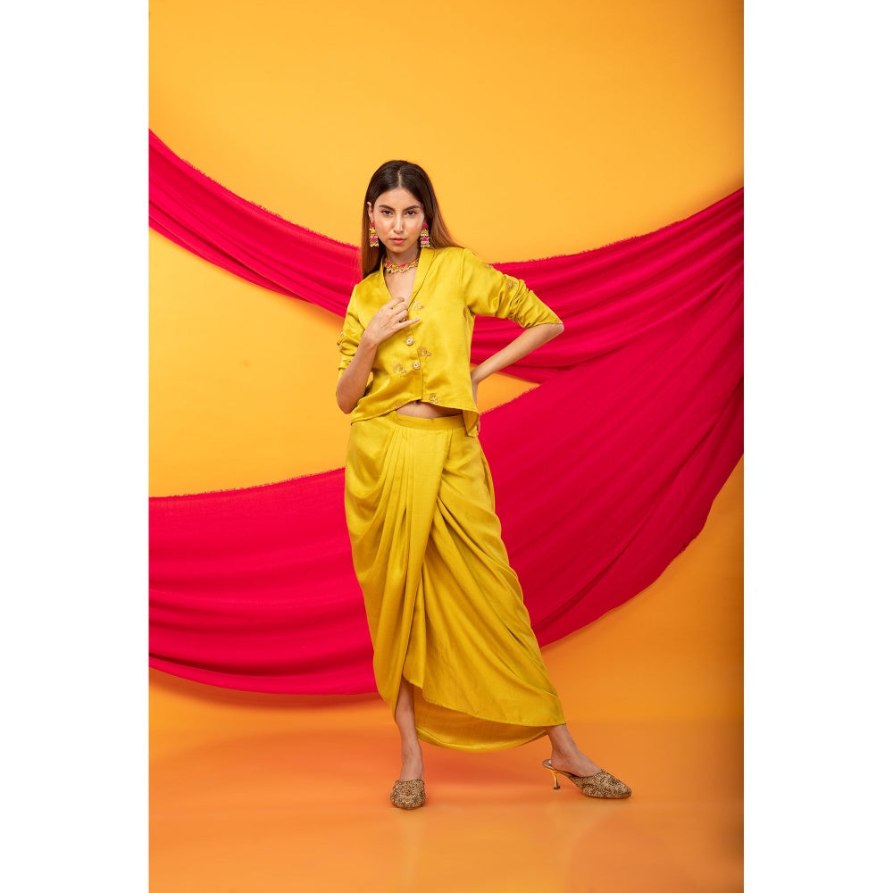 MONK & MEI Gulabo Canary Yellow Dhoti And Jacket Co-Ord (Set of 2)