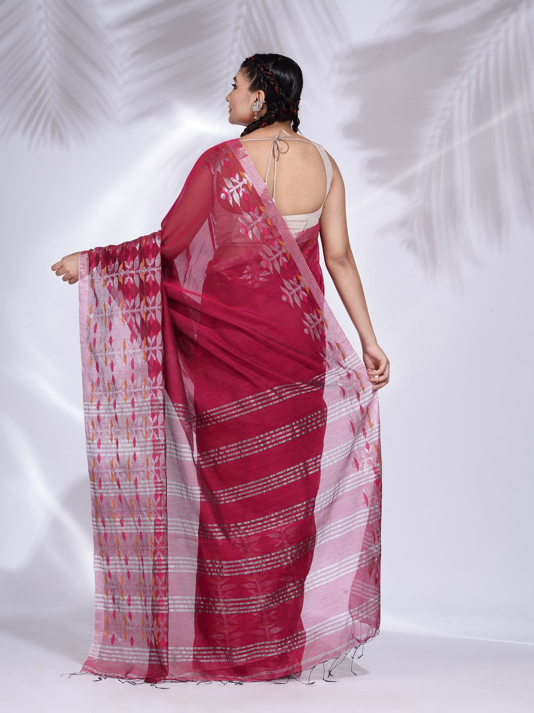 CHARUKRITI Pink Blended Cotton Handwoven Saree with Nakshi Border with Unstitched Blouse