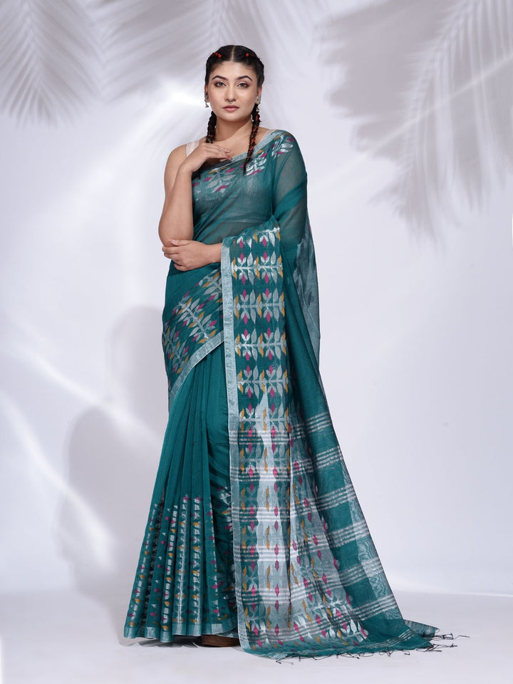 CHARUKRITI Teal Blended Cotton Handwoven Saree with Nakshi Border with Unstitched Blouse