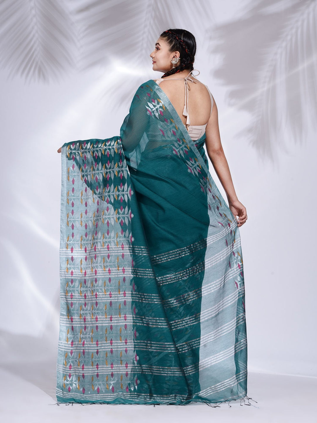 CHARUKRITI Teal Blended Cotton Handwoven Saree with Nakshi Border with Unstitched Blouse
