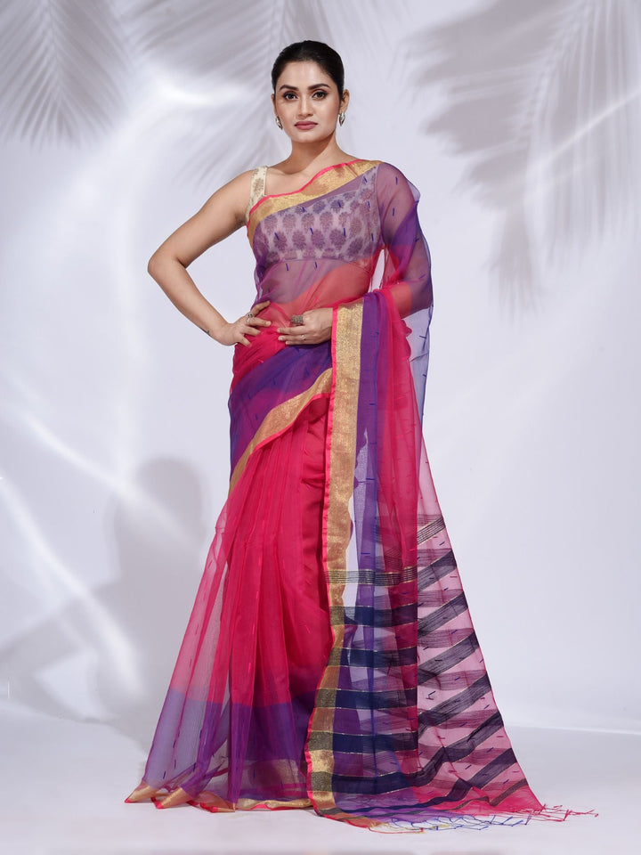 CHARUKRITI Pink & Purple Blended Cotton Handwoven Saree with Zari Border with Unstitched Blouse
