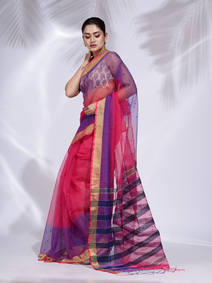 CHARUKRITI Pink & Purple Blended Cotton Handwoven Saree with Zari Border with Unstitched Blouse