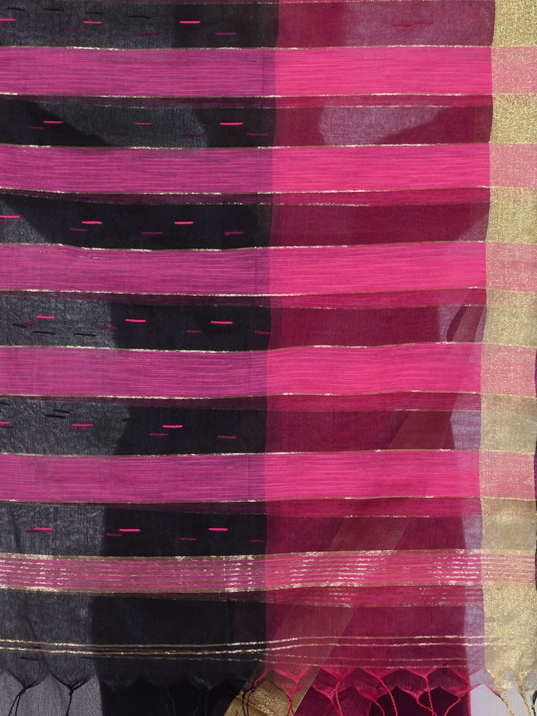 CHARUKRITI Black and Fuchsia Pink Blended Cotton Handwoven Saree Zari Border with Unstitched Blouse