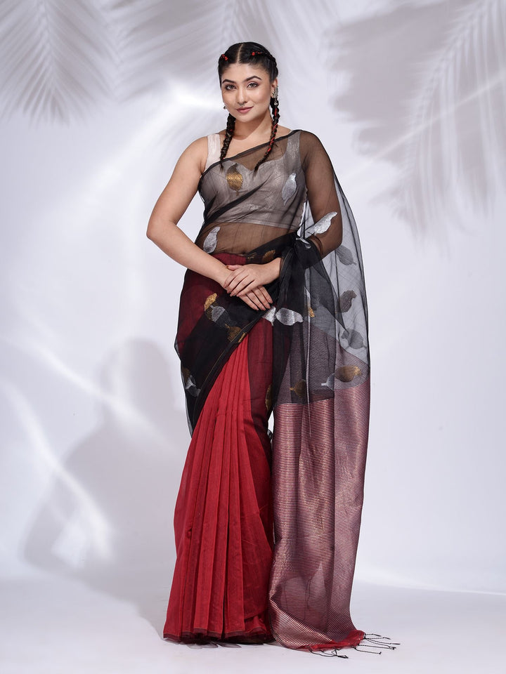 CHARUKRITI Black and Red Blended Cotton Handwoven Saree with Zari Pallu with Unstitched Blouse