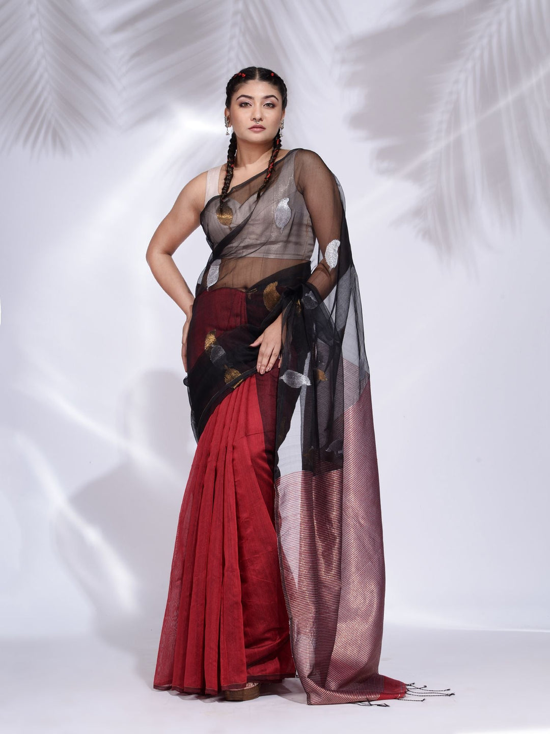 CHARUKRITI Black and Red Blended Cotton Handwoven Saree with Zari Pallu with Unstitched Blouse