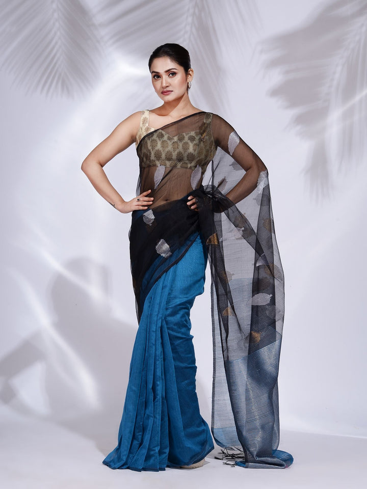 CHARUKRITI Black and Sky Blue Blended Cotton Handwoven Saree with Zari Pallu with Unstitched Blouse