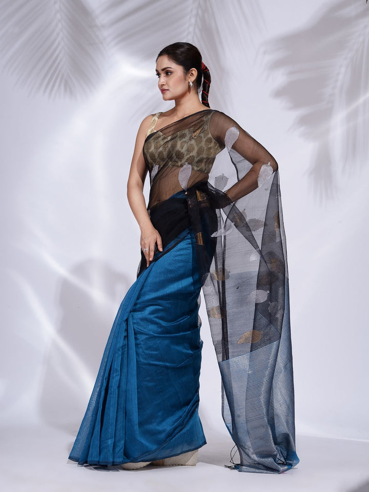 CHARUKRITI Black and Sky Blue Blended Cotton Handwoven Saree with Zari Pallu with Unstitched Blouse