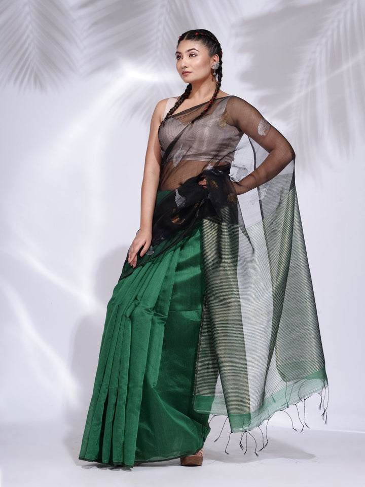 CHARUKRITI Black and Green Blended Cotton Handwoven Saree with Zari Pallu with Unstitched Blouse