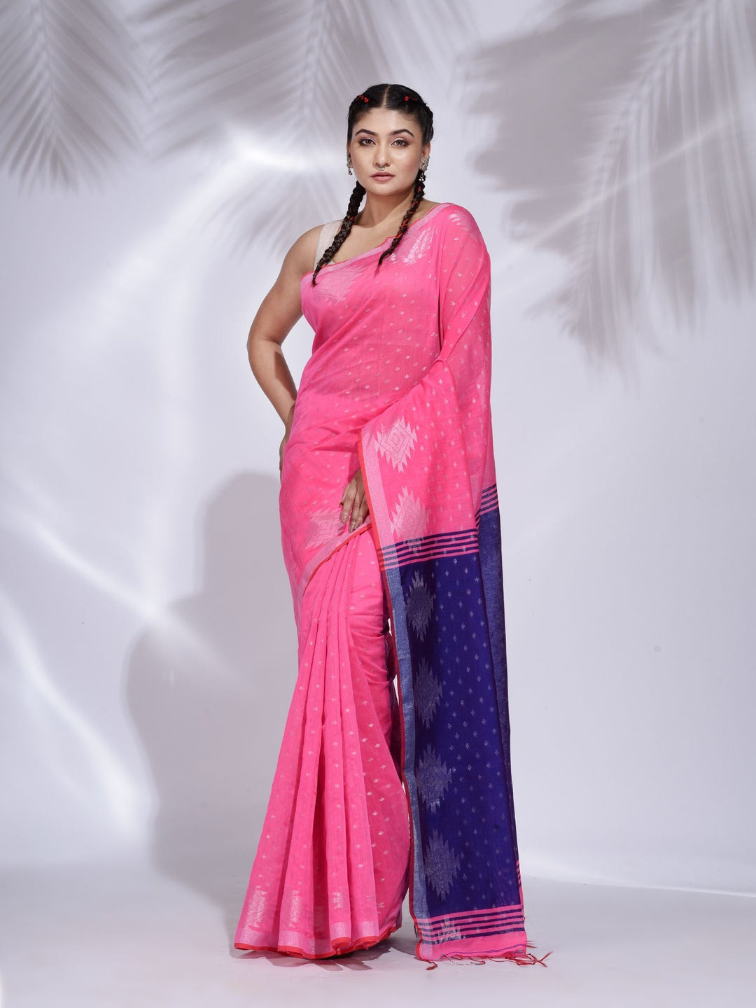 CHARUKRITI Pink Blended Cotton Handwoven Saree with Geometric Border with Unstitched Blouse