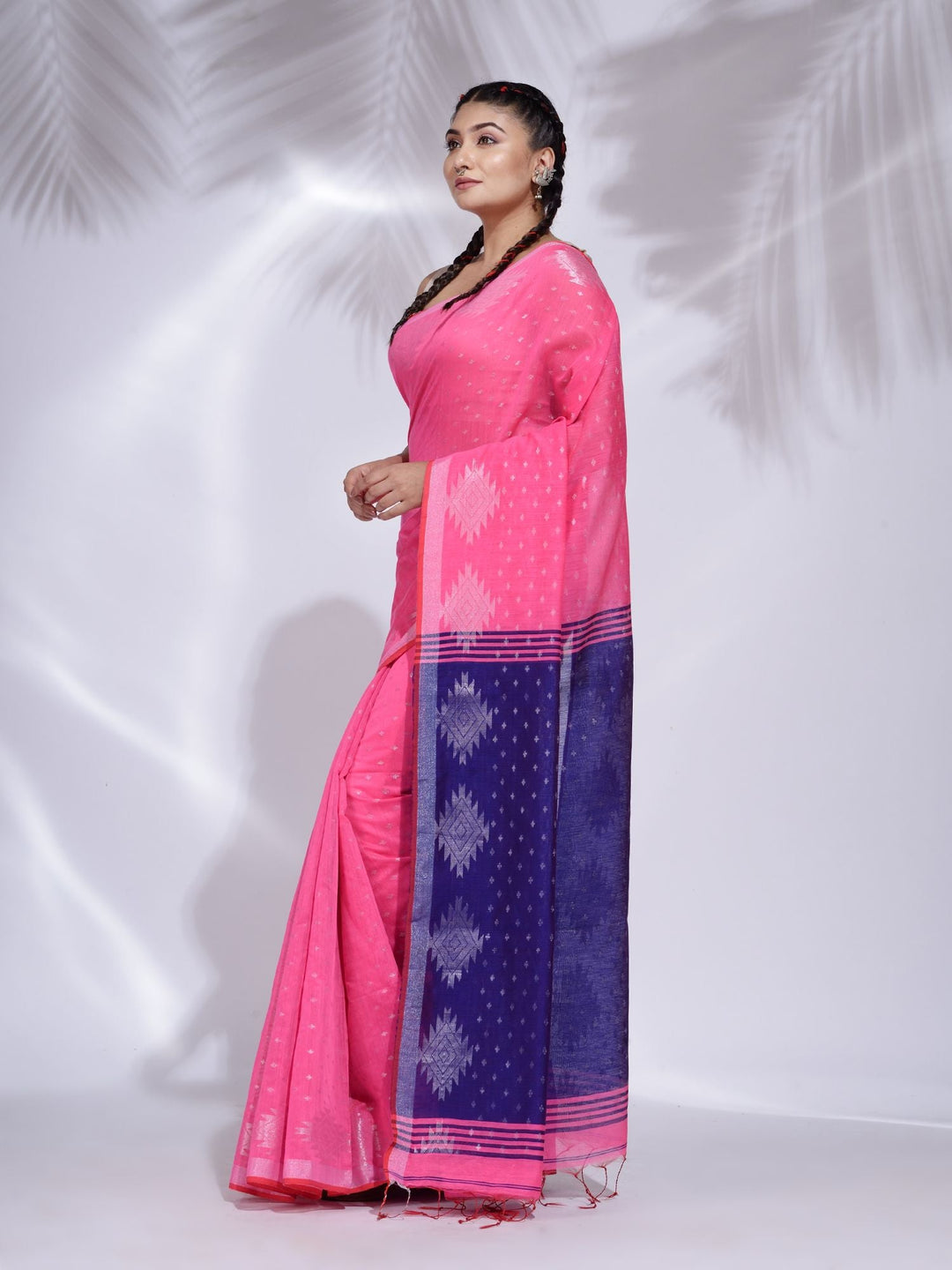 CHARUKRITI Pink Blended Cotton Handwoven Saree with Geometric Border with Unstitched Blouse