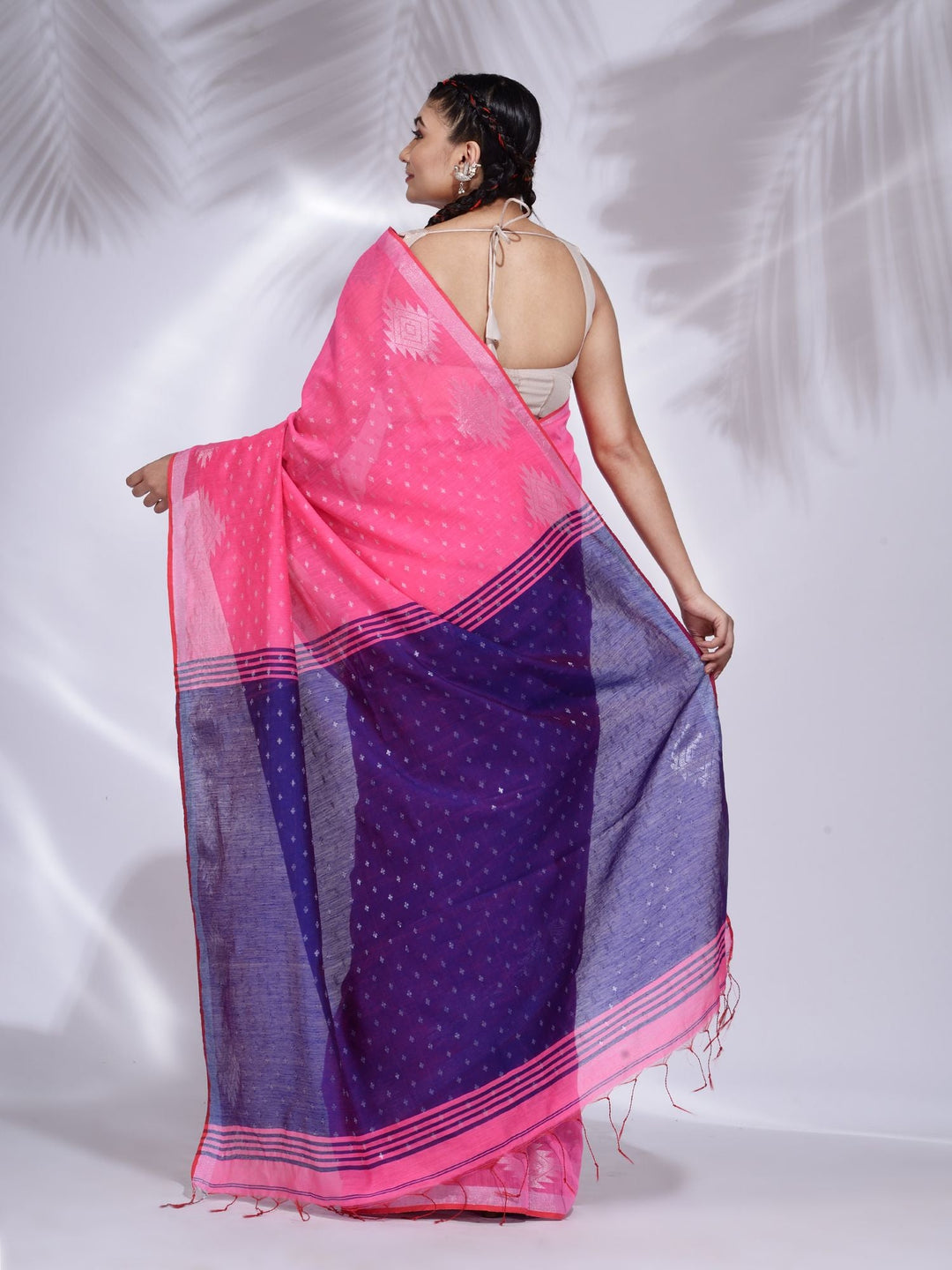 CHARUKRITI Pink Blended Cotton Handwoven Saree with Geometric Border with Unstitched Blouse