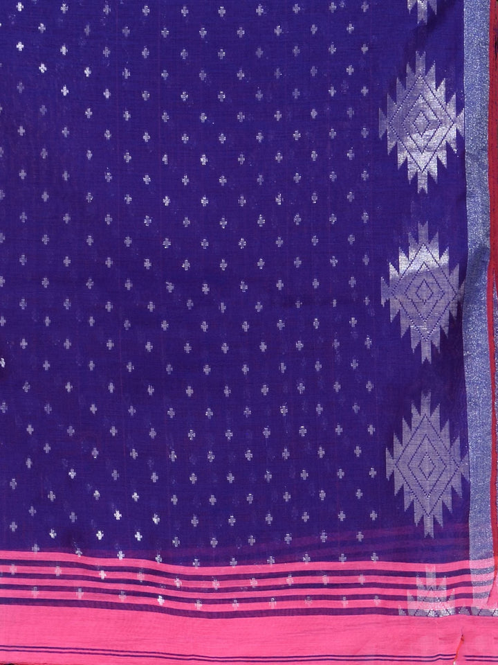 CHARUKRITI Pink Blended Cotton Handwoven Saree with Geometric Border with Unstitched Blouse