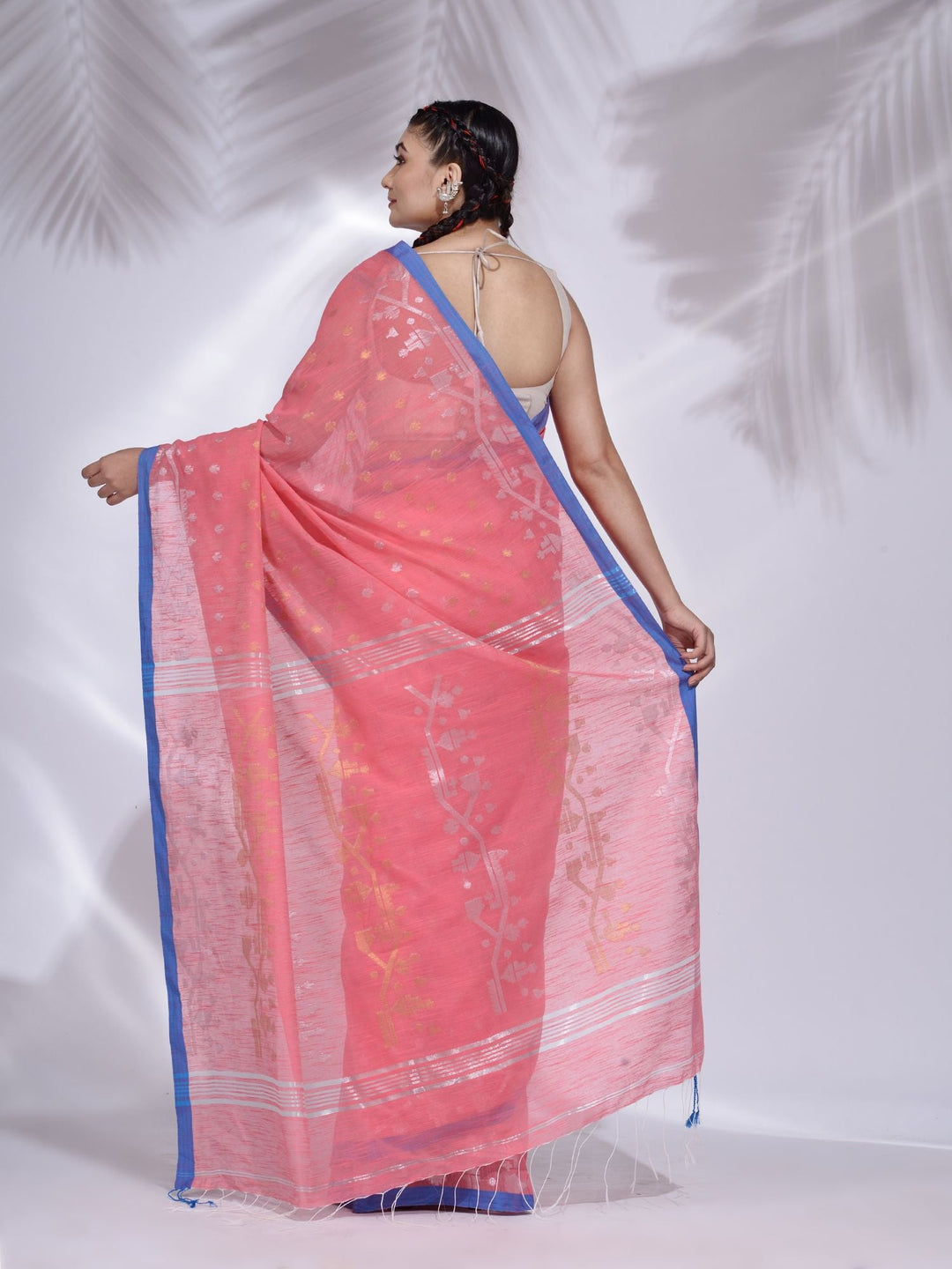 CHARUKRITI Pink Pure Cotton Handwoven Saree with Geometric Border with Unstitched Blouse
