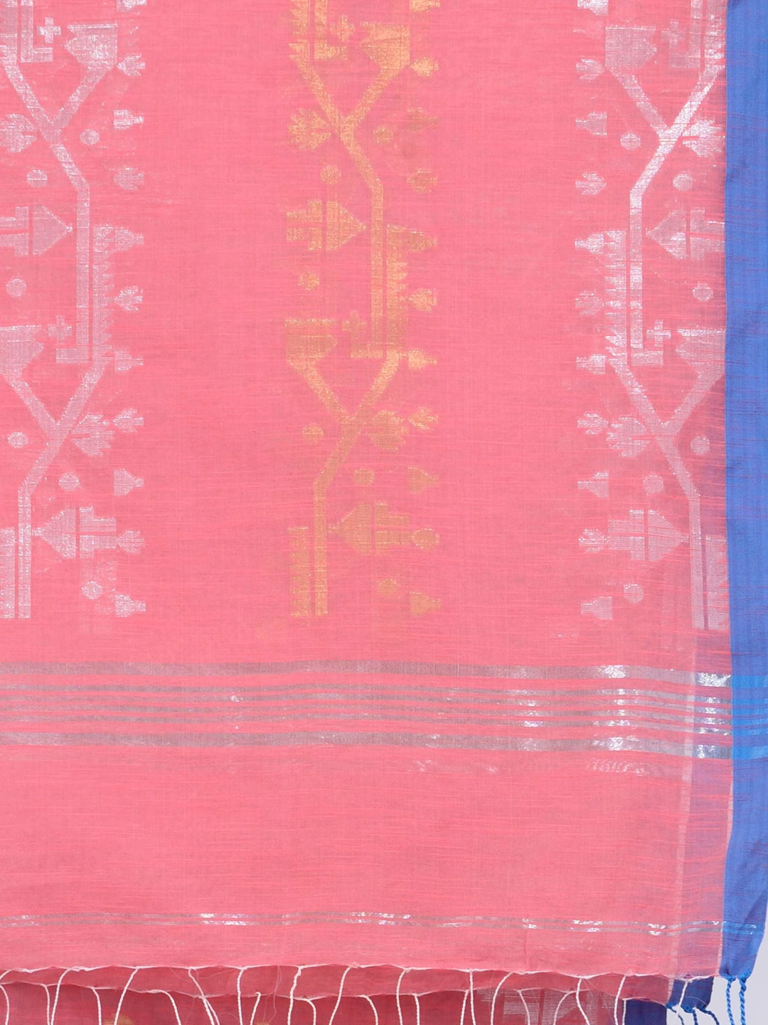 CHARUKRITI Pink Pure Cotton Handwoven Saree with Geometric Border with Unstitched Blouse