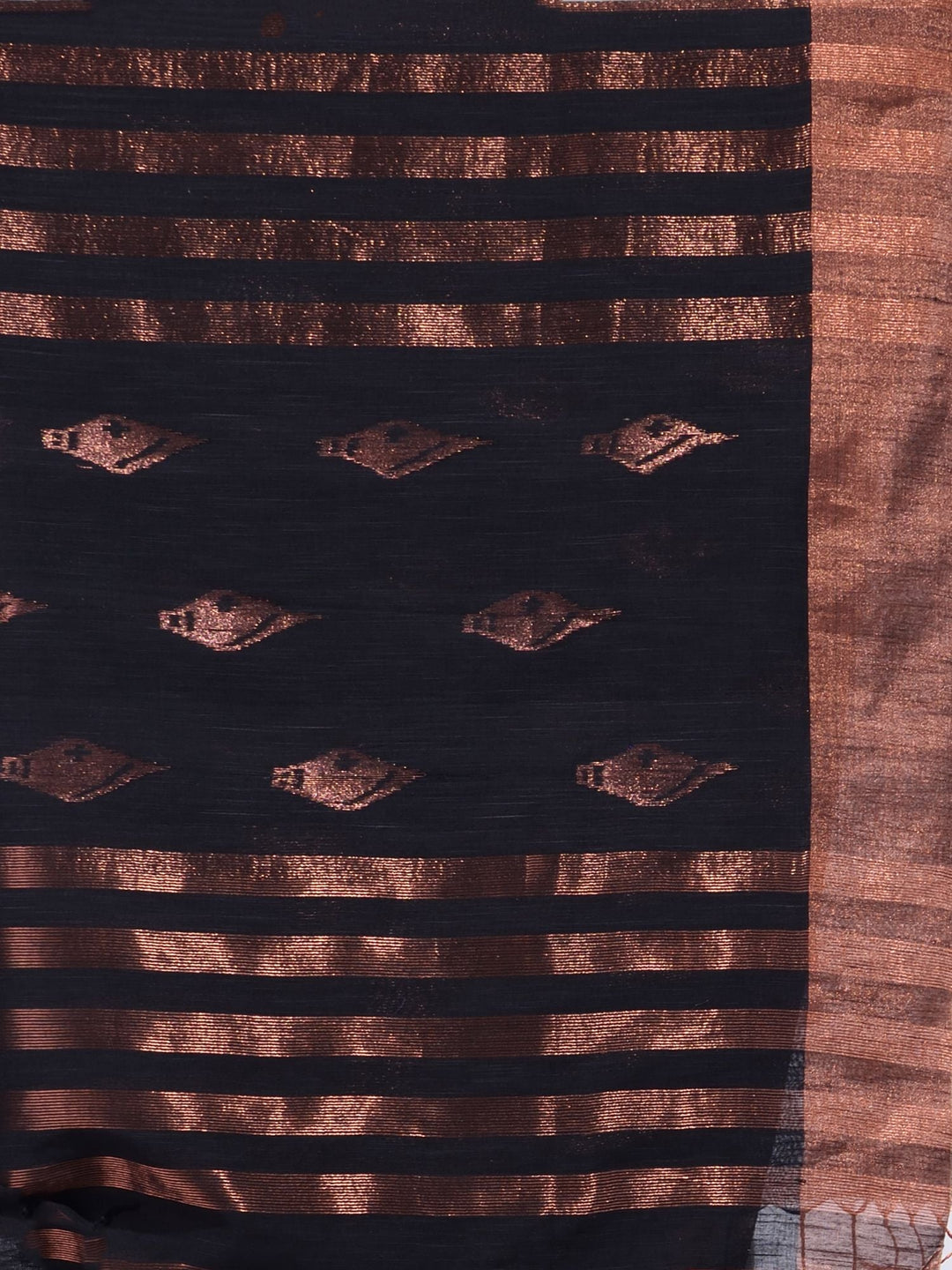 CHARUKRITI Black Pure Cotton Handwoven Saree with Copper Zari Border with Unstitched Blouse