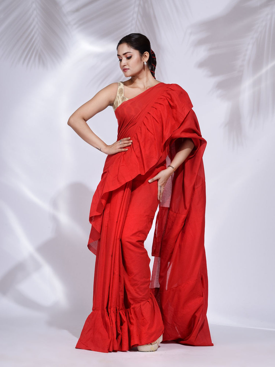 CHARUKRITI Red Pure Cotton Handwoven Ruffle Saree with Unstitched Blouse