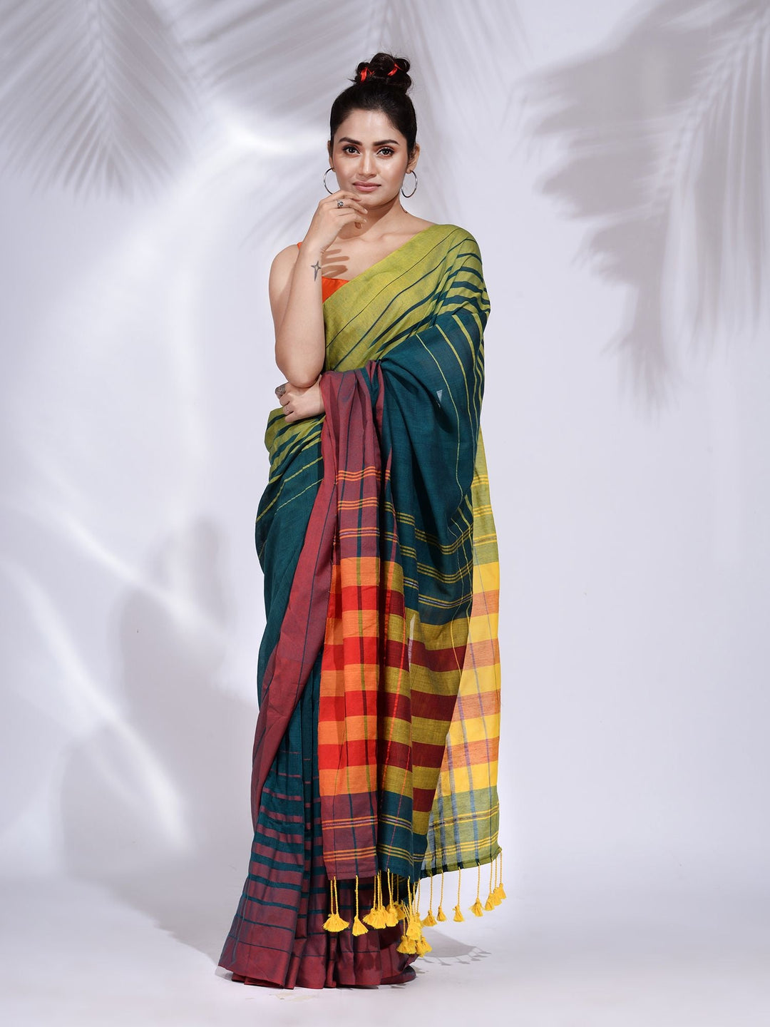CHARUKRITI Teal Pure Cotton Handwoven Saree with Stripe Border with Unstitched Blouse