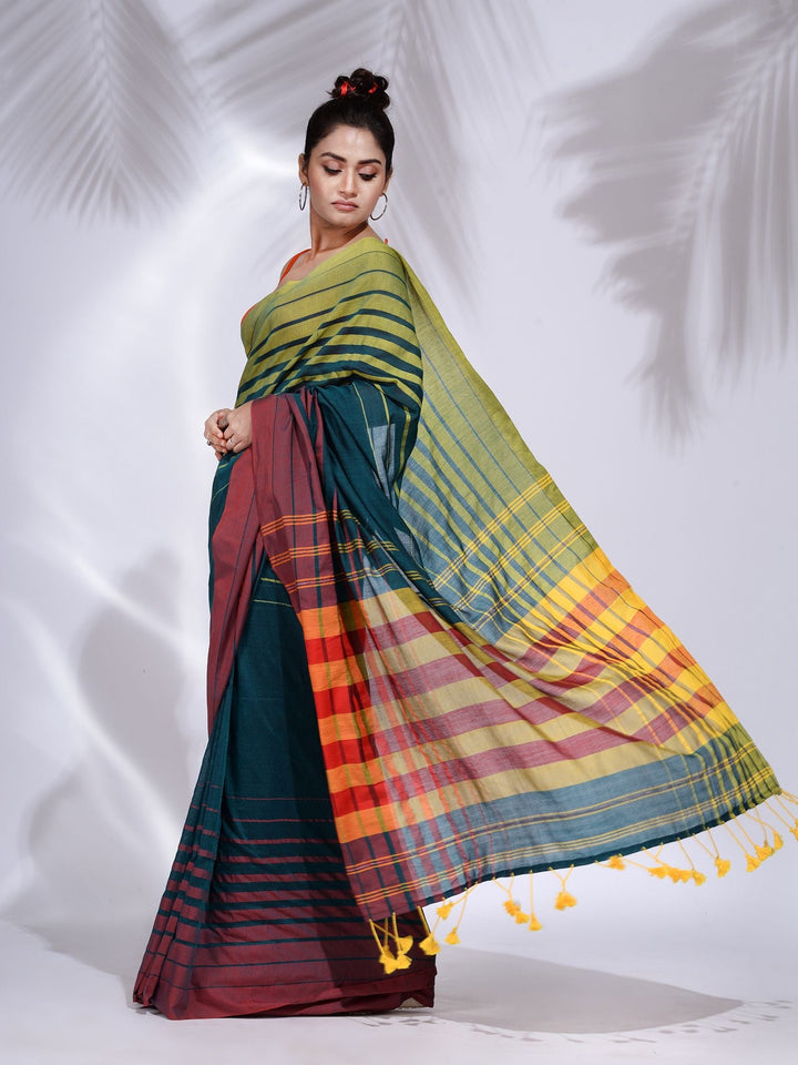 CHARUKRITI Teal Pure Cotton Handwoven Saree with Stripe Border with Unstitched Blouse