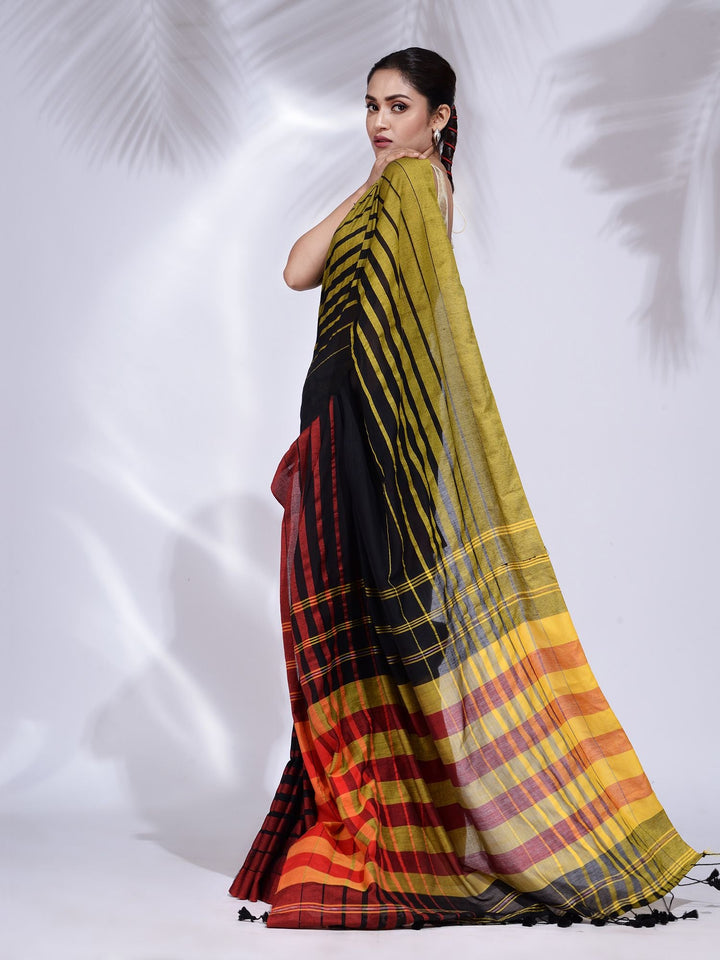 CHARUKRITI Black Pure Cotton Handwoven Saree with Stripe Border with Unstitched Blouse