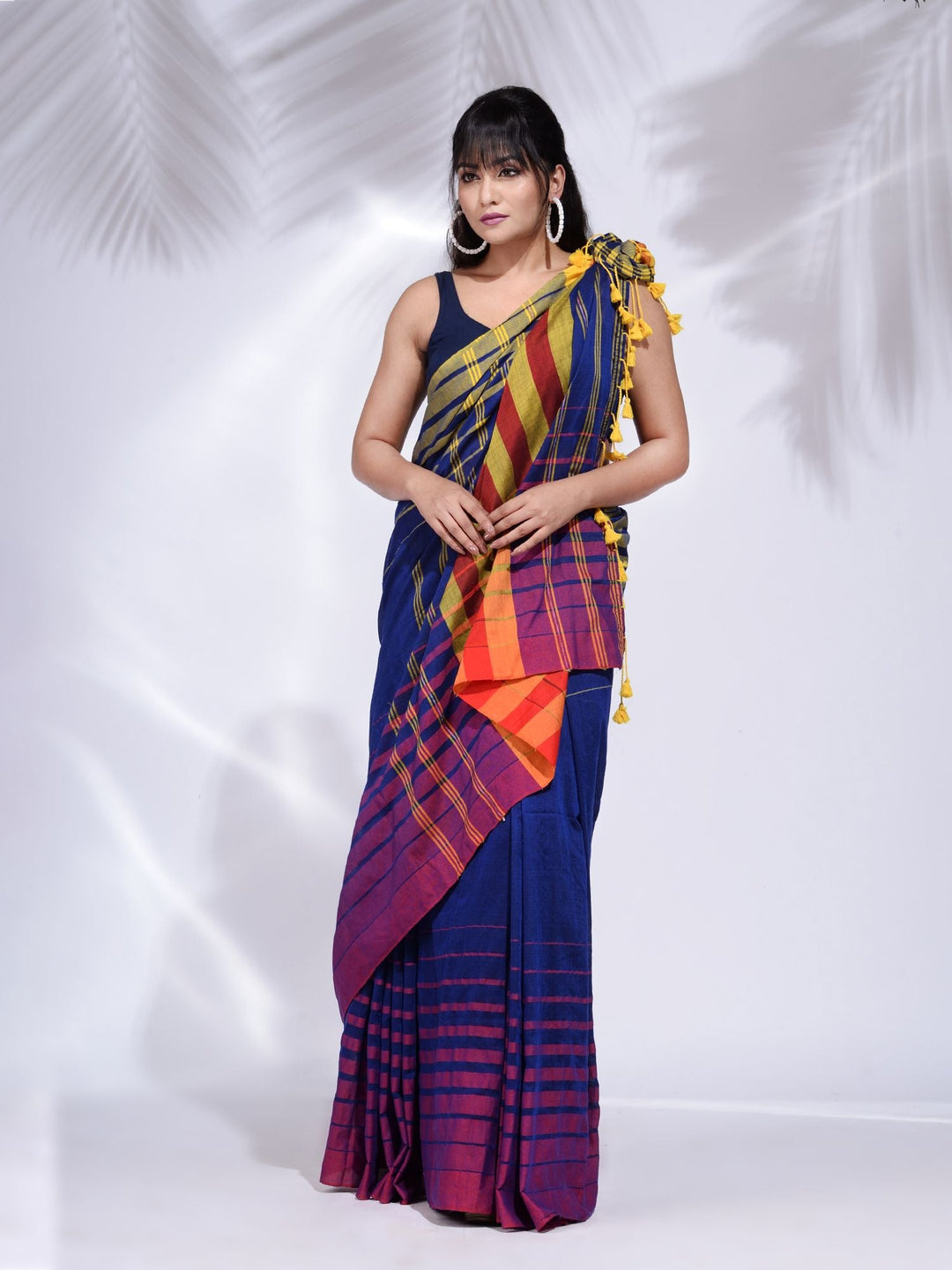 CHARUKRITI Royal Blue Pure Cotton Handwoven Saree with Stripe Border with Unstitched Blouse