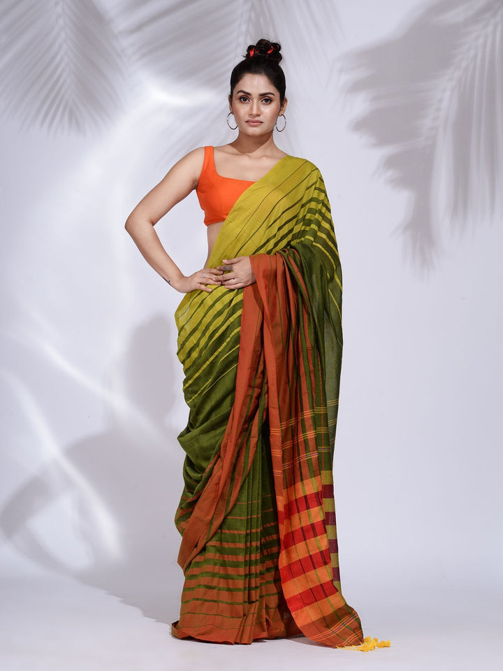 CHARUKRITI Green Pure Cotton Handwoven Saree with Stripe Border with Unstitched Blouse