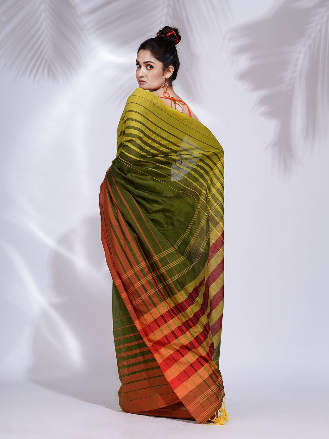 CHARUKRITI Green Pure Cotton Handwoven Saree with Stripe Border with Unstitched Blouse