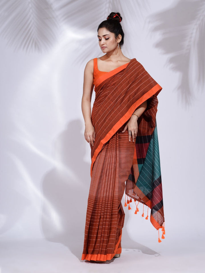 CHARUKRITI Brown Pure Cotton Handwoven Saree with Stripe Design with Unstitched Blouse