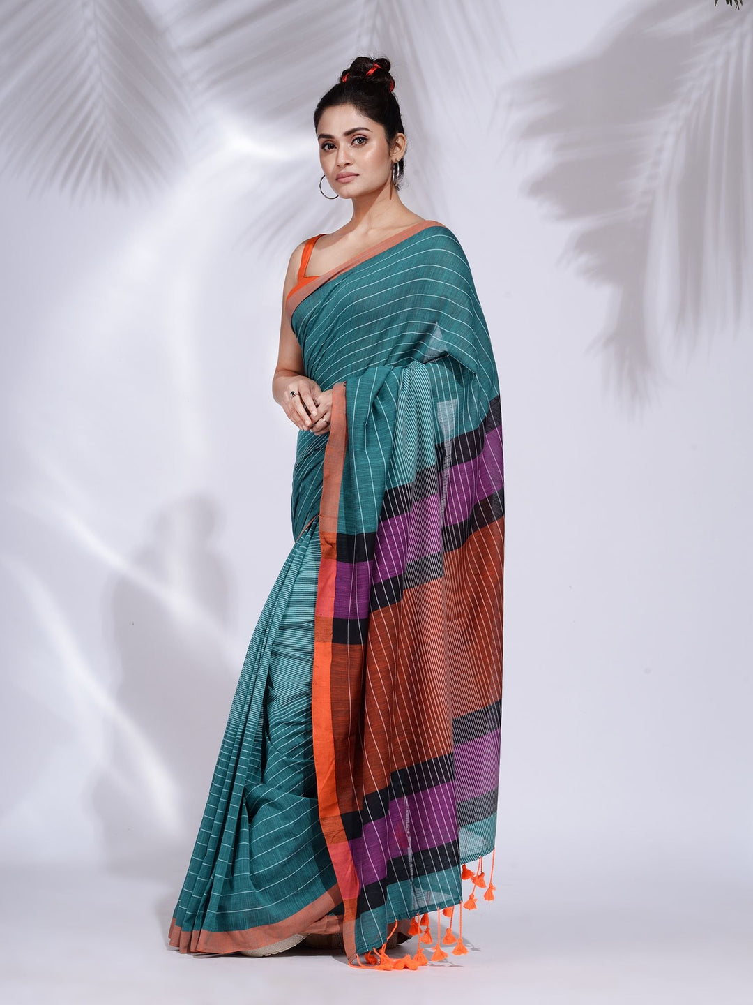 CHARUKRITI Teal Pure Cotton Handwoven Saree with Stripe Design with Unstitched Blouse