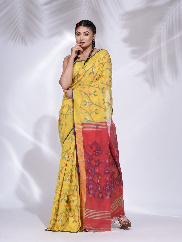 CHARUKRITI Yellow Khadi Handwoven Saree with Nakshi Design with Unstitched Blouse