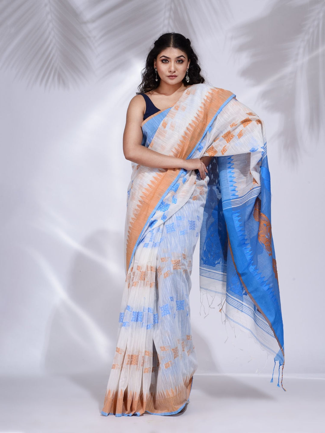 CHARUKRITI White Khadi Handwoven Saree with Temple Border with Unstitched Blouse