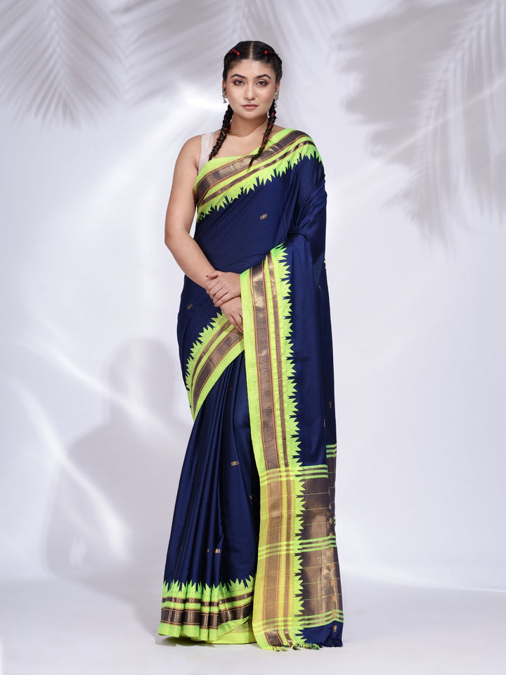 CHARUKRITI Navy Blue Silk Handwoven Soft Saree with Geometric Border with Unstitched Blouse